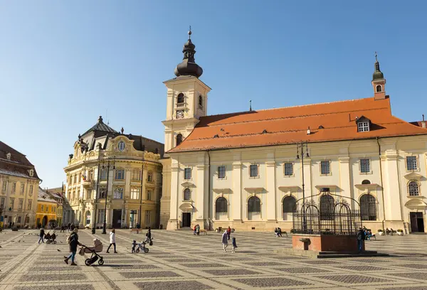 Sibiu Roménia Março 2022 Grande Praça Piata Mare Com Câmara — Fotografia de Stock