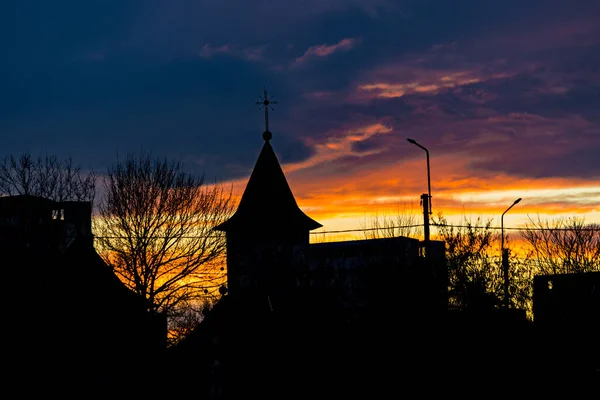Sylwetka Kościoła Tle Zachodu Słońca Mieście Iasi Rumunii — Zdjęcie stockowe