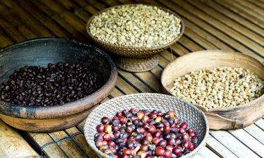 Çiğ kahve çekirdeklerini kapatın, Bali, Endonezya