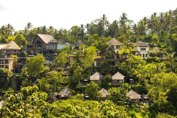 UBUD, İNDONEZYA - Nisan 2022: Ubud bölgesindeki ormandaki geleneksel Bali kulübeleri, otel, misafir evi, Bali