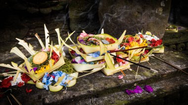 Traditional Balinese baskets with offerings for the spirits, Bali tradition, Indonesia