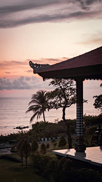 Endonezya, Bali 'de gün doğumuna karşı palmiye ağaçları ve çardak silueti