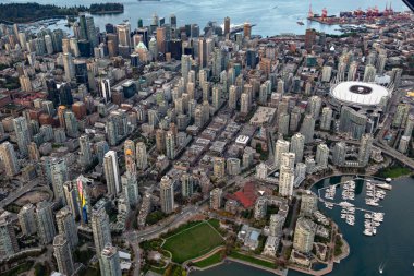 VANCOUVER, CANADA - Ekim 2019: Vancouver 'ın havadan görünüşü, Vancouver şehir merkezi, BC, Kanada