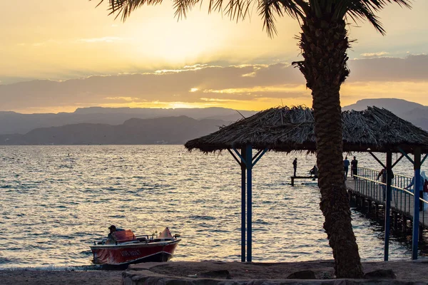 Aqaba Giordania Marzo 2019 Bellissimo Tramonto Nella Baia Aqaba Con — Foto Stock