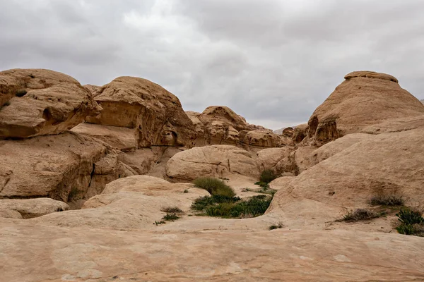 Beautiful scenery of Jordan desert. Rocky sandstone mountains landscape in Jordan desert near Petra ancient town, Jordan