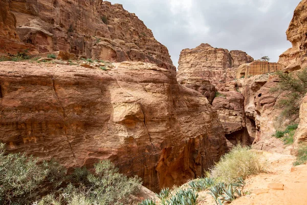 Beautiful scenery of Jordan desert. Rocky sandstone mountains landscape in Jordan desert near Petra ancient town, Jordan