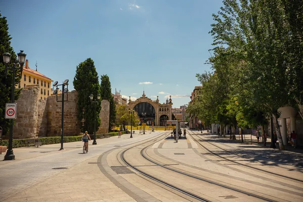 Tram Track Historical Town Zaragoza Spain — 스톡 사진