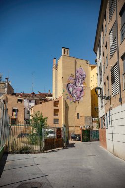 Zaragoza eski kasaba sokak manzarası, Zaragoza 'da eski evler, Aragon, İspanya