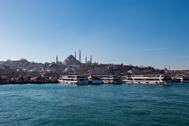 Istanbul skyline, View of Sultan Ahmet area, mosques, port, ships and Bosporus, Istanbul, Turkey