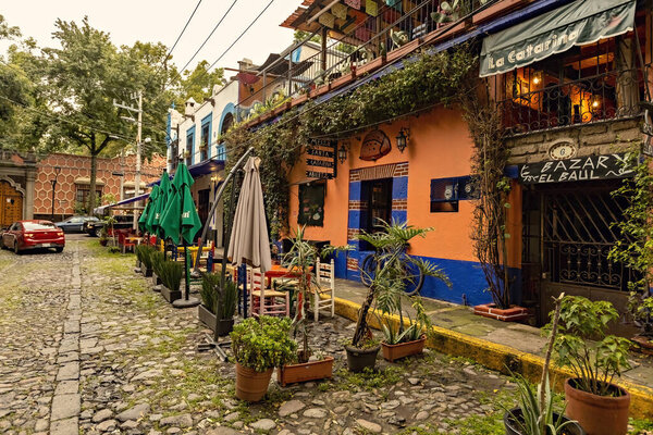 Traditional Mexican restaurant outside view, Coyoacan district, Mexico