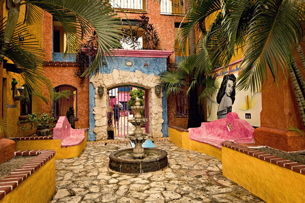  Traditional Mexican style colorful villa, house, hotel in Playa del Carmen, entrance view, Mexico