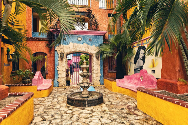 Traditional Mexican style colorful villa, house, hotel in Playa del Carmen, entrance view, Mexico