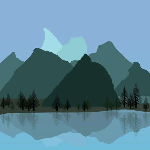 Uma Ilustração Vetorial Uma Paisagem Montanhosa Com Lago Pinheiros Reflexo — Vetor de Stock