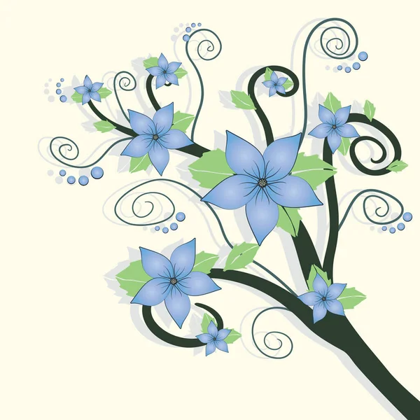 Decorative Branch Blue Flowers Green Leafs Branches Ends Spirals Small — Stock Vector