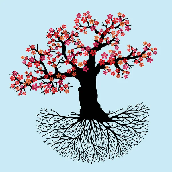 Старое Цветущее Дерево Жизни Иггдрасиль Красными Цветами Багажник Ветви Корни — стоковый вектор