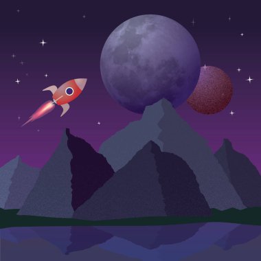Gökyüzünde bir dağ manzarası, iki büyük gezegen ve yıldızlı bir roket..