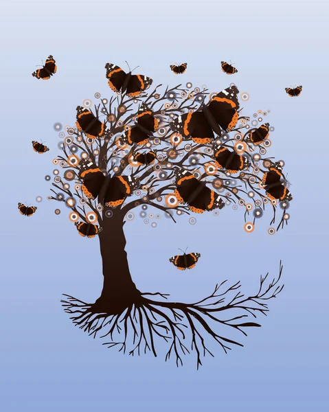 Дерево Жизни Называемое Иггдрасиль Бабочками Ванессы Аталанты Короне Корни Дерева — стоковый вектор