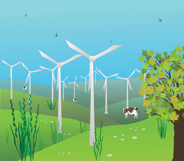 A landscape with windmills, hills and some cows. In the blue sky birds are flying. Sustainable future