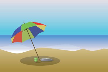 Bir plaj ve altında renkli bir güneş şemsiyesi ve oyuncak bir kova olan deniz manzarası. Deniz düz ve gökyüzü mavi.. 