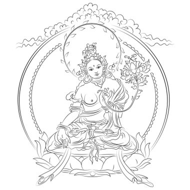 Tibet Budizm ikonu beyaz tara nilüfer çiçeğinin üzerinde elinde lotus, siyah vektör çizimi ile oturuyor.