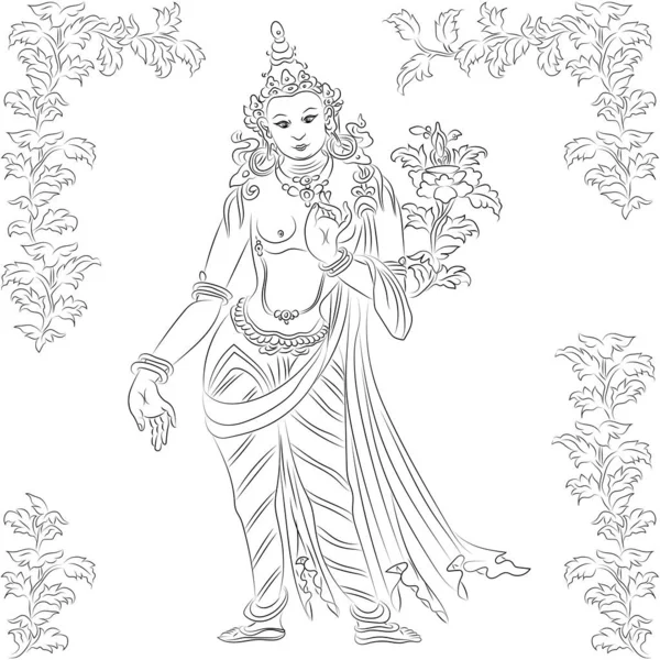 Icono Del Budismo Tibetano Tara Con Loto Contorno Mano Ilustración — Archivo Imágenes Vectoriales