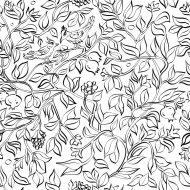 Yaprakları, çiçekleri, narları, kuşları siyah ve beyaz çizgileri olan kusursuz desenler.