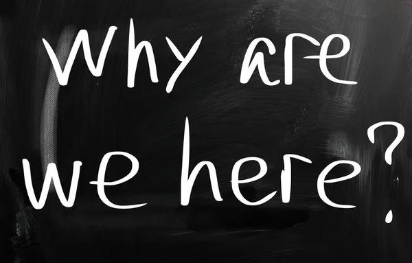 "why are we here "handwritten with white chalk on a blackboard — стоковое фото