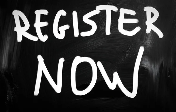 "Register now" handwritten with white chalk on a blackboard — Stock Photo, Image