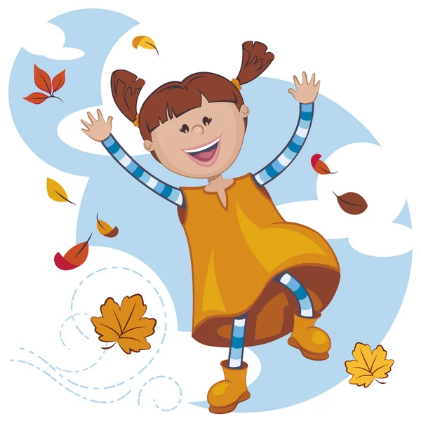Girl playing with the fall leaves — Stock Vector