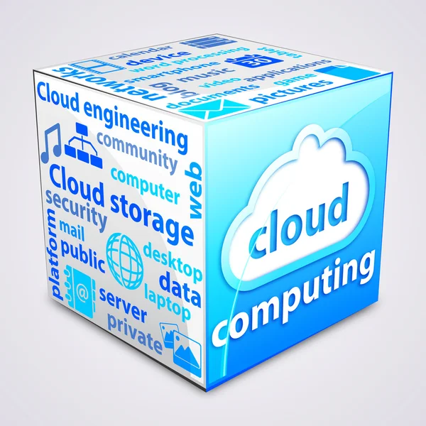 Tag cloud all'interno di un cubo sul concetto di cloud computing . — Vettoriale Stock