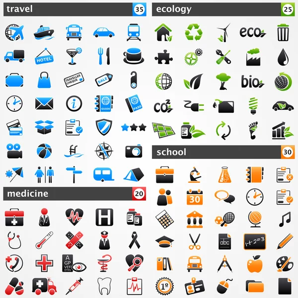 Iconen set: reizen, geneeskunde, ecologie en school. — Stockvector