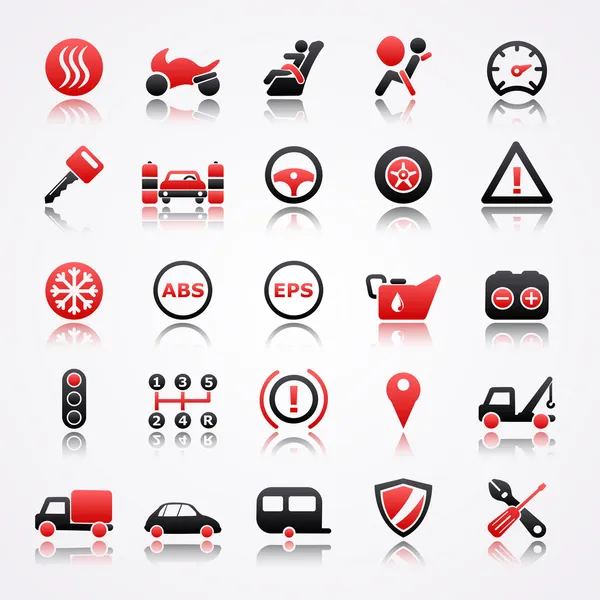 Iconos rojos automotrices con reflexión . — Archivo Imágenes Vectoriales