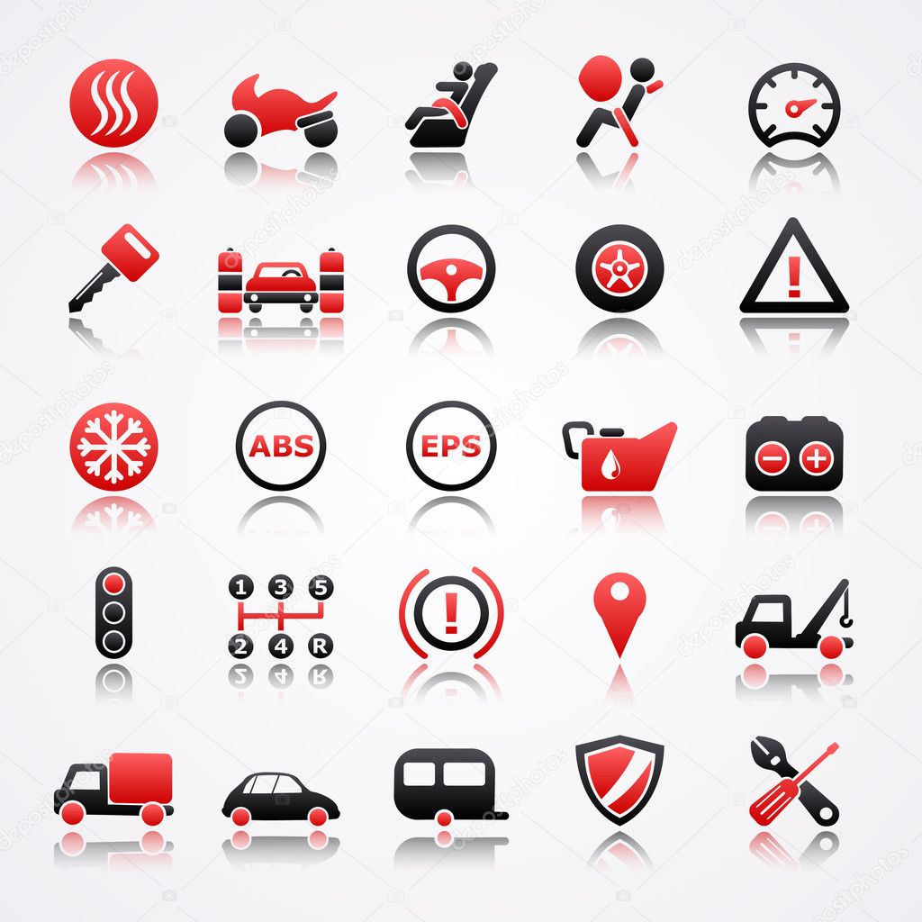 Automotive red icons with reflection.