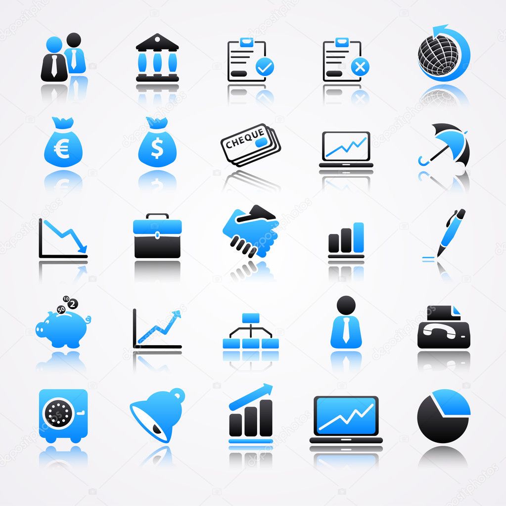 Blue business icons with reflection