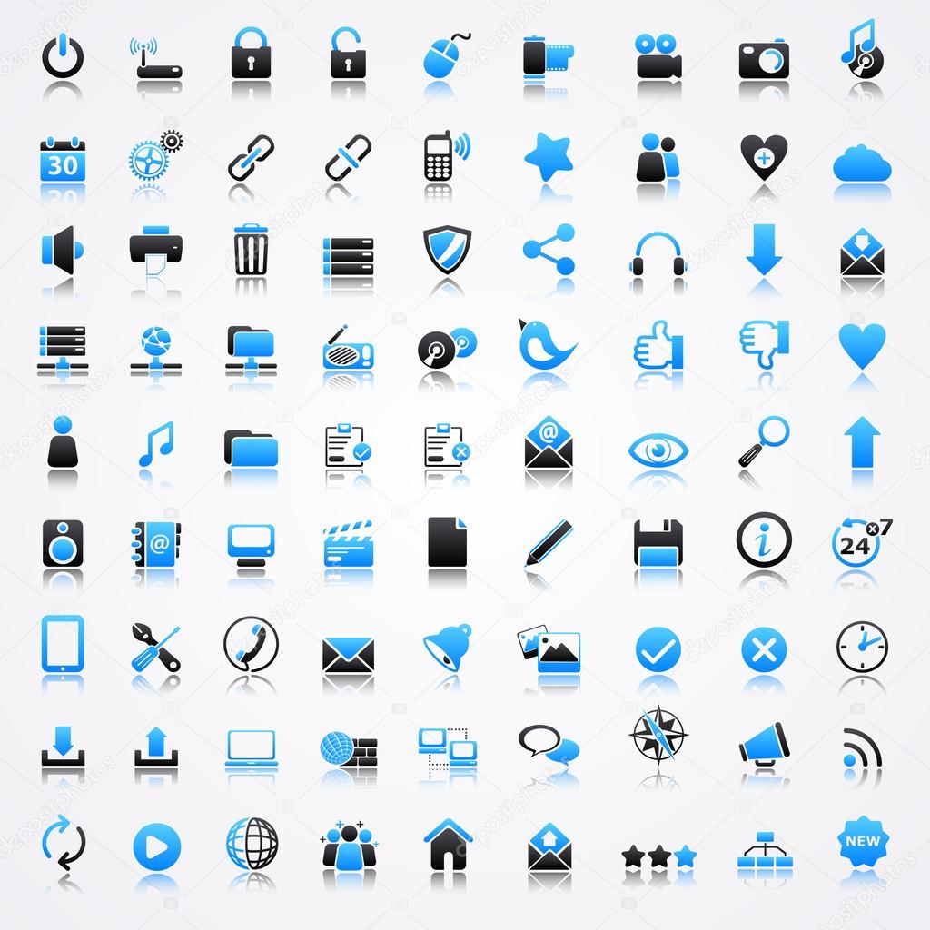 Technology blue icons with reflection
