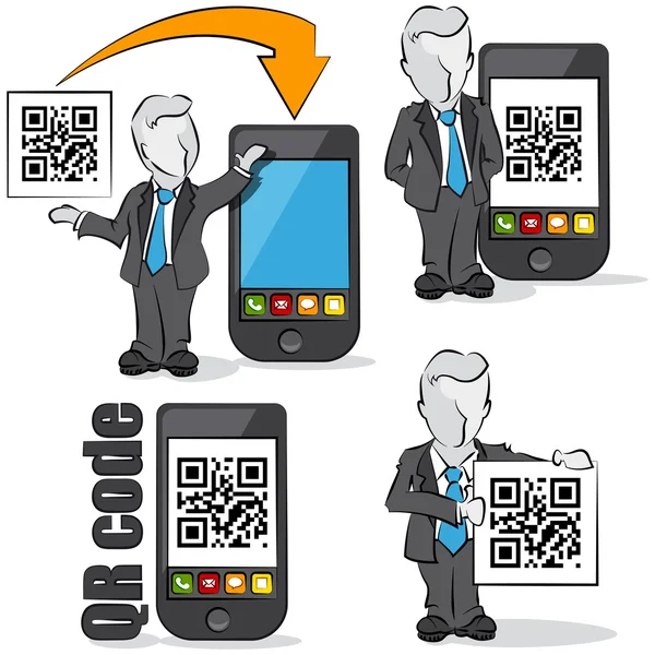 Empresário com código QR para dispositivos móveis. 4 desenhos animados — Vetor de Stock