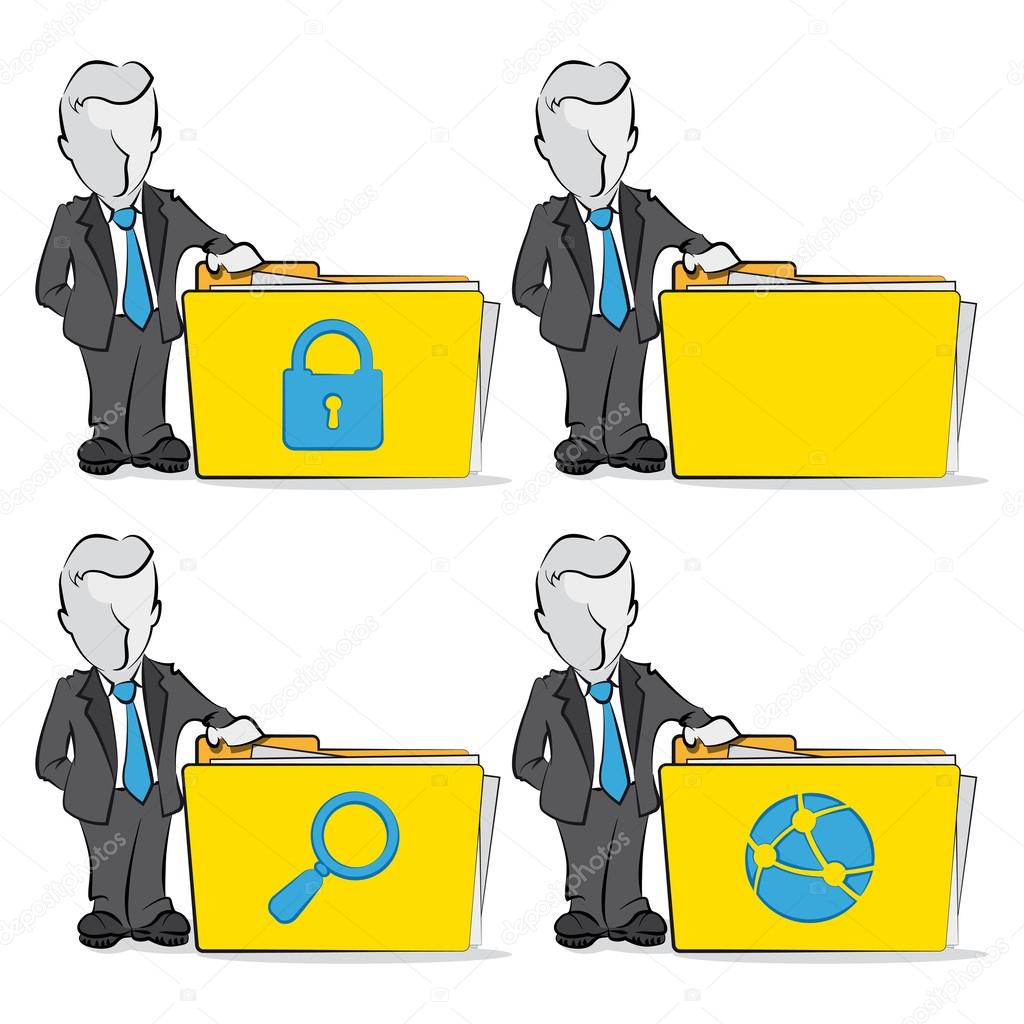 Cartoon of a businessman with folder. Computing concept.