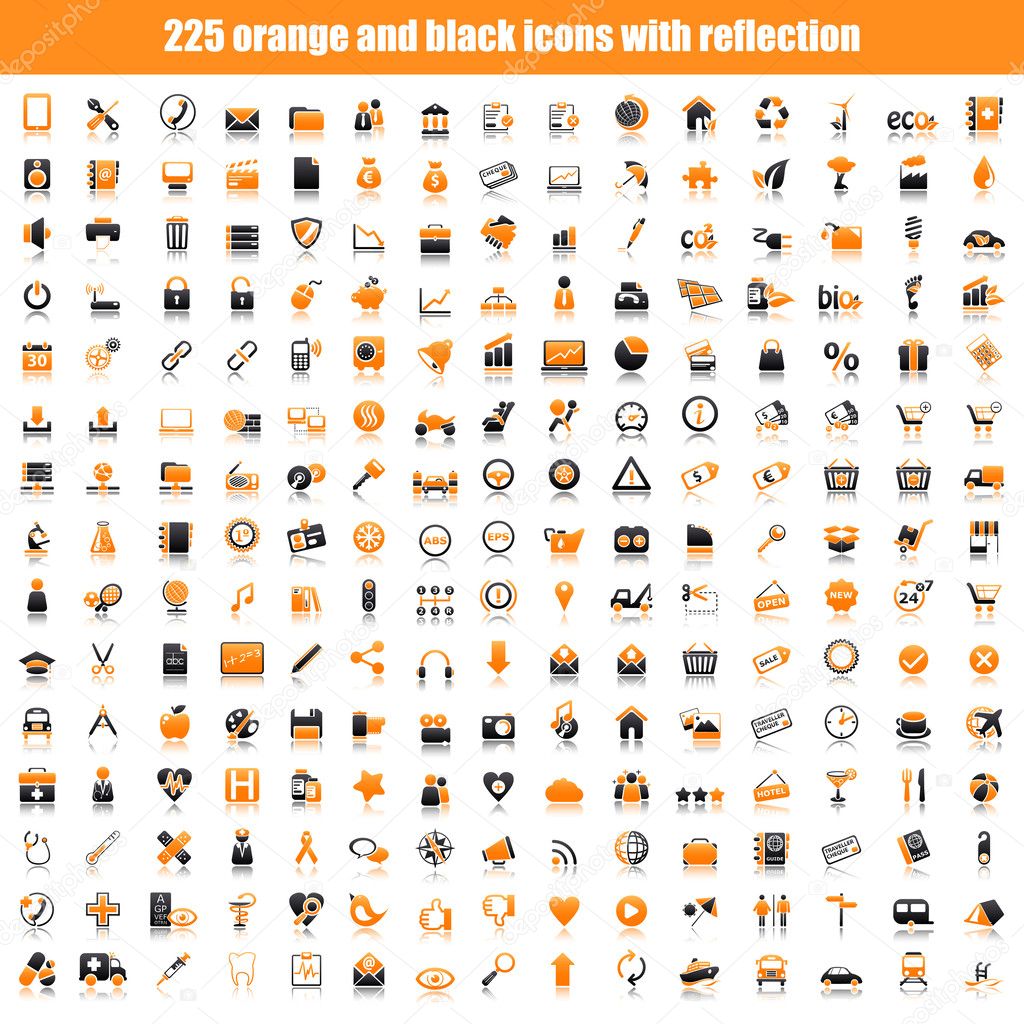 Orange and black icons with reflection