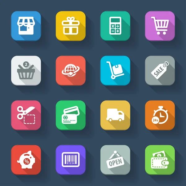 Iconos planos de compras. Colorido — Archivo Imágenes Vectoriales