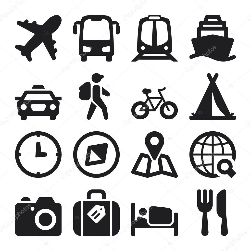 Travel flat icons. Black