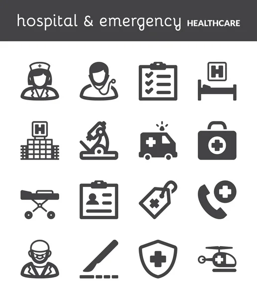 Hospital y emergencia. Iconos planos de atención médica. Negro — Vector de stock