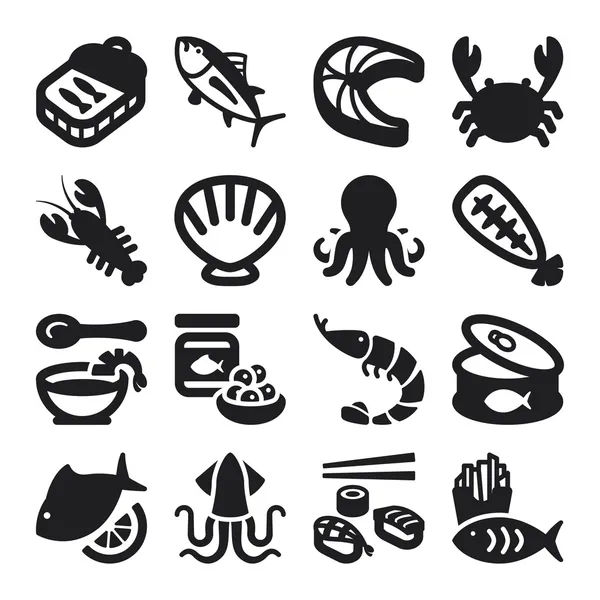 Seafood flat icons. Black — Stock Vector