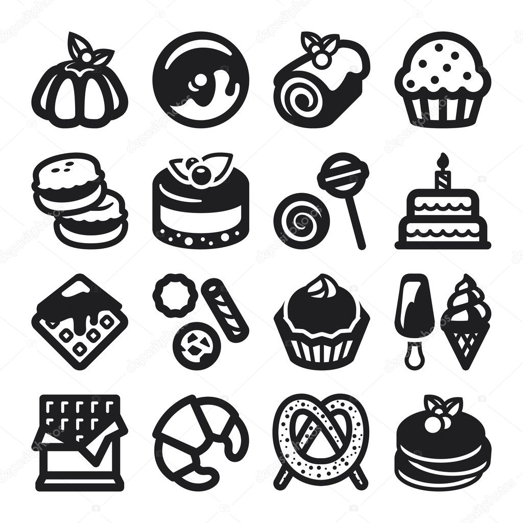 Desserts flat icons. Black
