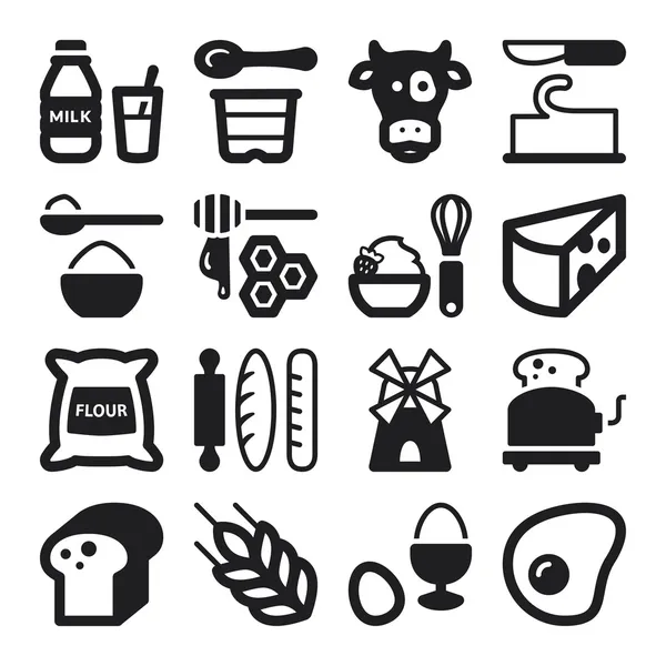 Huevo Lácteo Pan Azúcar iconos planos. Negro — Vector de stock