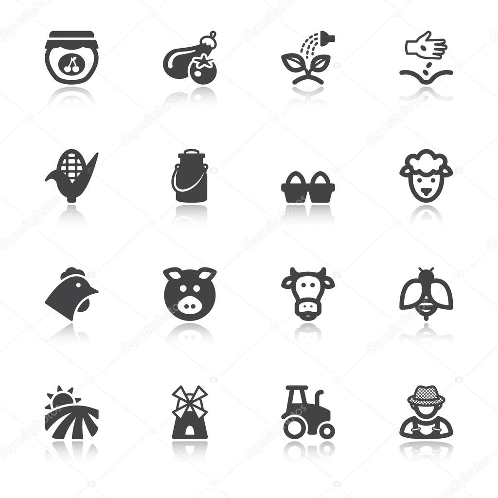 Farming flat icons with reflection. Black
