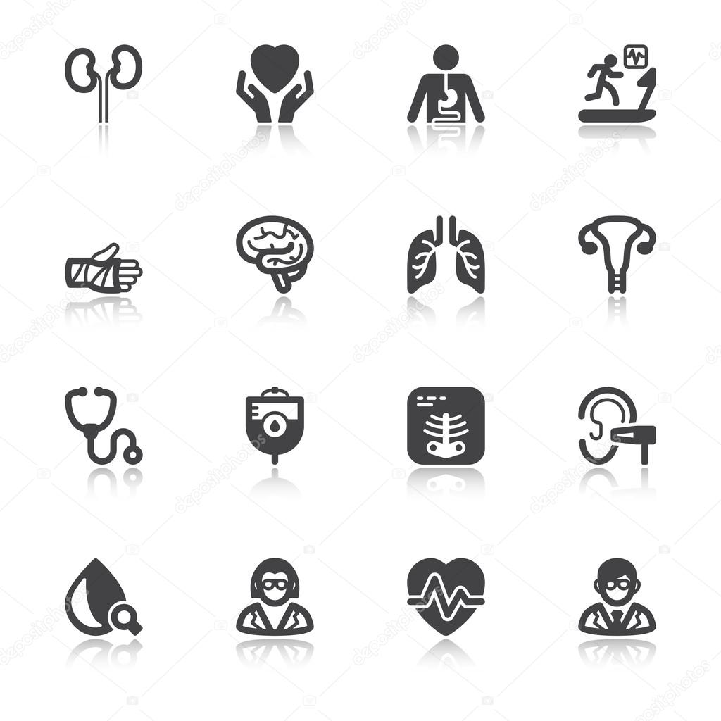 Medical specialties. Healthcare flat icons with reflection