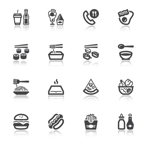 Fast food and junk food flat icons with reflection — Stock Vector