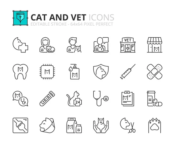 Delineie Ícones Sobre Gatos Veterinários Animais Estimação Contém Ícones Como — Vetor de Stock