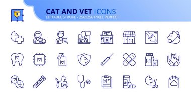 Kediler ve veterinerler hakkında taslak ikonlar. Evcil hayvanlar. Sağlık, diş bakımı, test, aşı, teşhis, röntgen, kurtçuktan arındırma ve acil durum gibi ikonlar içeriyor. Düzenlenebilir vuruş vektörü 256x256 piksel mükemmel