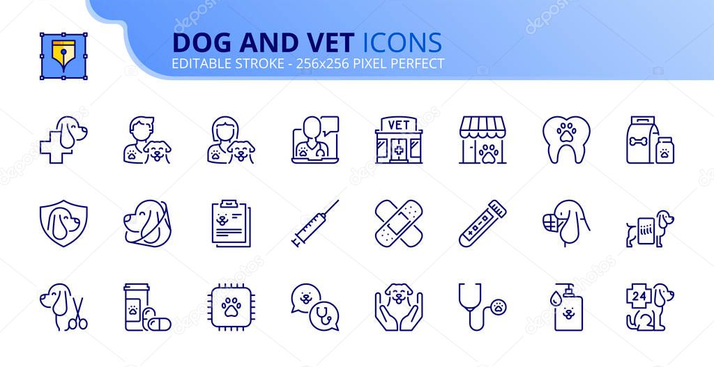 Outline icons about dogs and vet. Pets. Contains such icons as health care, dental care, test, vaccines, diagnosis, x-ray, deworming and urgency. Editable stroke Vector 256x256 pixel perfect